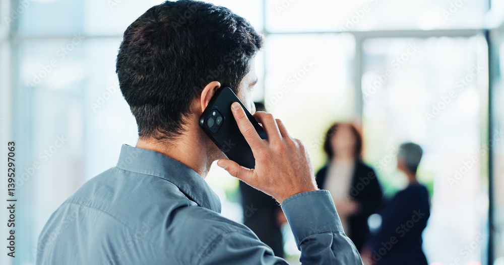 Poster phone call, office and back of business man for communication, contact and online discussion. profes
