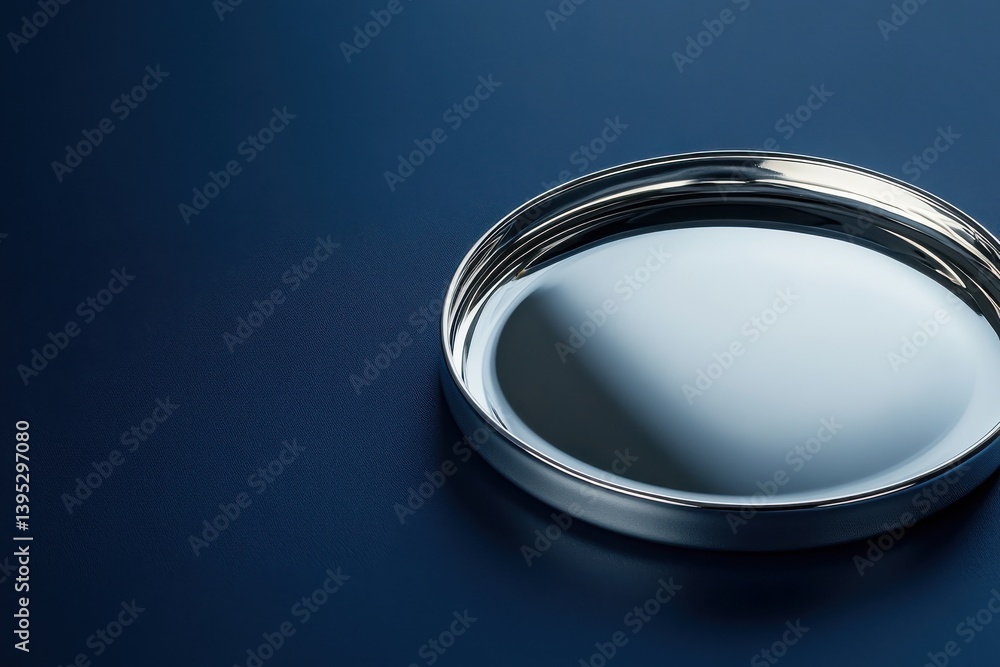 Poster reflective silver tray resting on a dark blue surface, showcasing its smooth round design and subtle