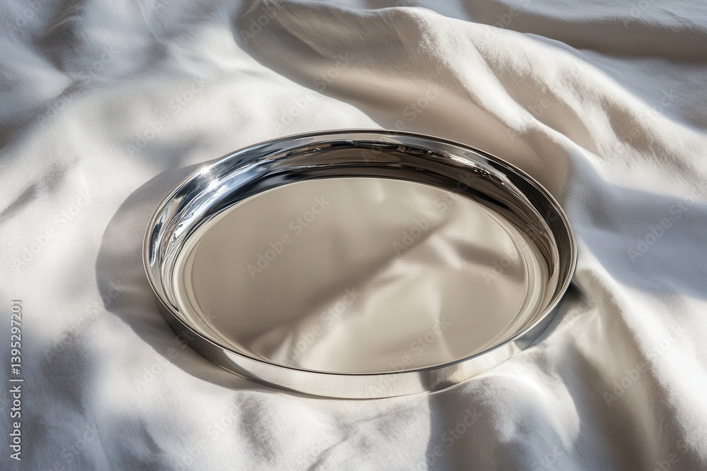 Aufkleber reflective silver tray resting on soft white fabric in bright natural light, showcasing simplicity a