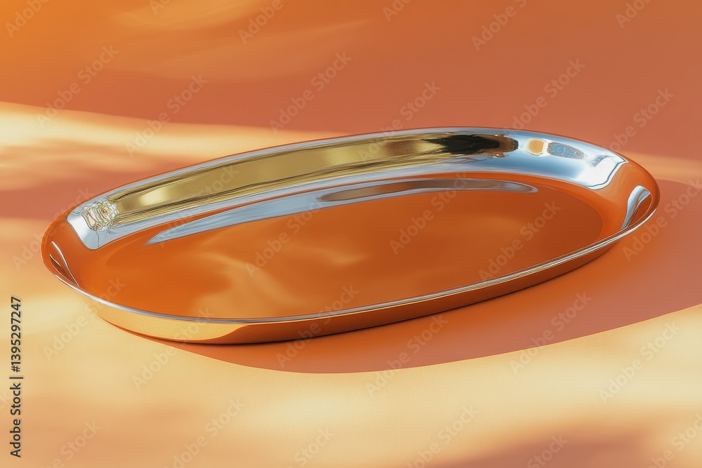 Poster elegant oval serving tray resting on an orange surface under soft lighting, showcasing its shiny met