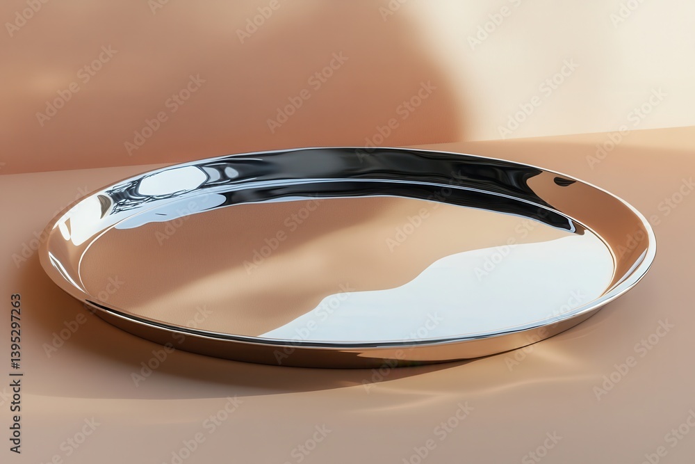 Aufkleber Elegant polished metal tray resting on a soft peach surface in natural light for a minimalist design