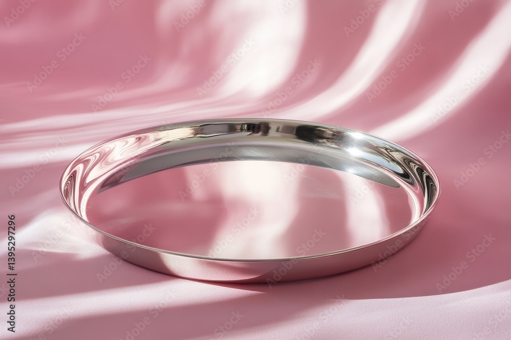 Poster reflective metal tray rests on a soft pink fabric background in a well-lit environment