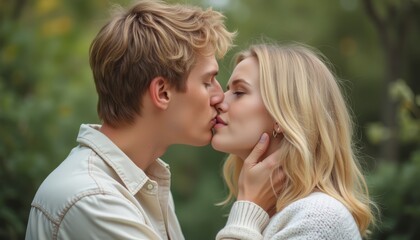 Fototapeta premium A romantic moment unfolds as a young man and woman share a gentle kiss, surrounded by a vibrant green backdrop. Their intimate connection radiates warmth and affection, capturing the essence of young