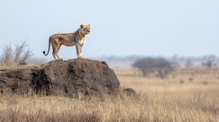 Naklejka premium lioness on rock in african savanna