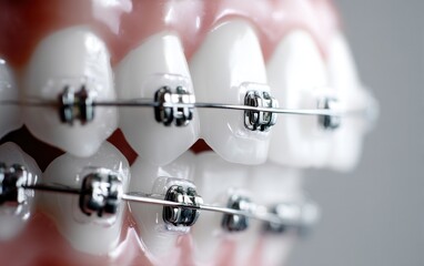 Of a close-up of clean white teeth with metal braces and rubber bands