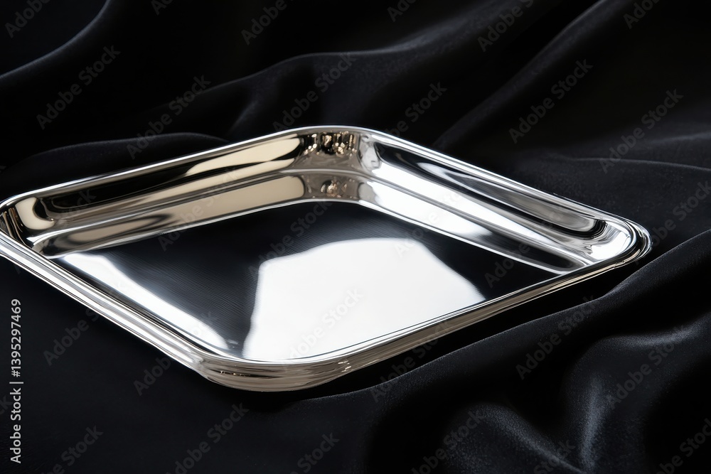 Poster silver tray placed on a black fabric surface showcasing elegance and simplicity
