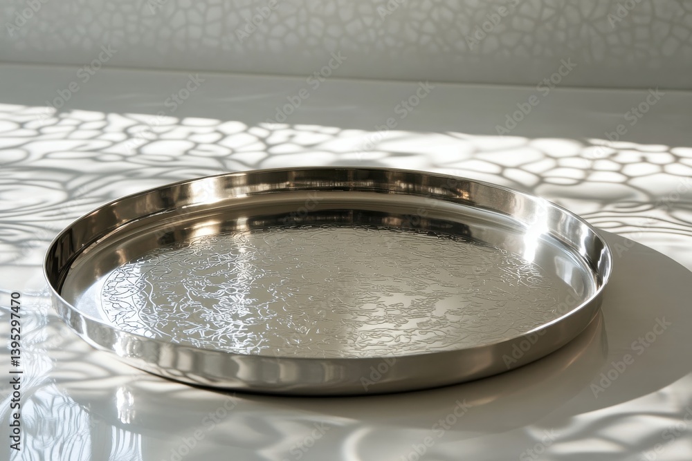 Poster elegant stainless steel tray resting on a table casting intricate shadows in soft light