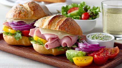 Two sandwiches with ham and onions on a wooden tray. A glass of wine is on the right side of the tray