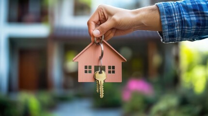 Holding Miniature House Keyring for Real Estate