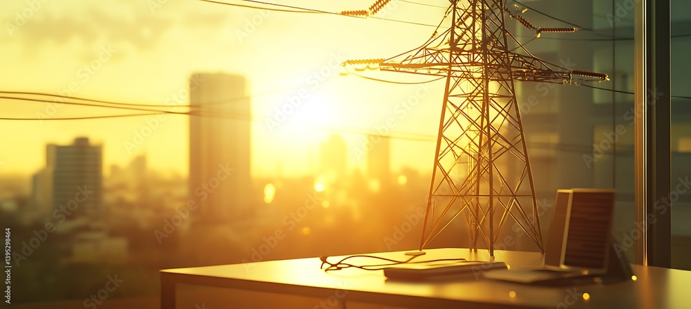 Poster a small model of an electricity grid station is placed on a clean office table in a bright and moder