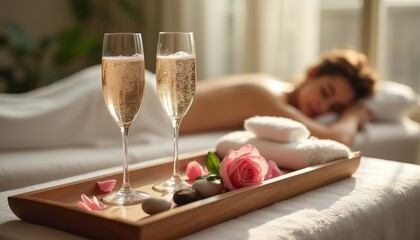 A serene spa setting features two elegant glasses of champagne beside a delicate pink rose and smooth stones, creating a tranquil atmosphere. The soft focus on a relaxed woman enjoying a massage in