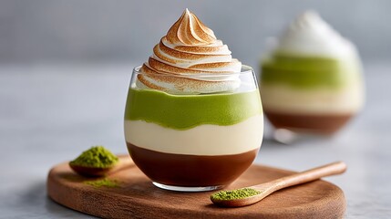 Dessert with a green topping is served in a glass. The dessert is topped with a green powder, which is likely matcha. The dessert is served on a wooden board with a spoon next to it