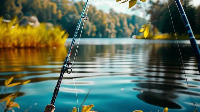 fishing rod on the background of the lake, fishing tackle