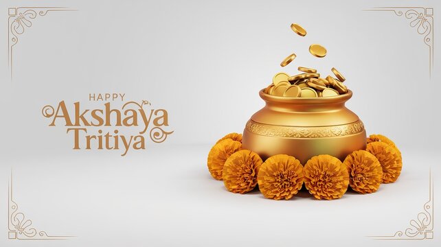 Golden Pot and Marigold Flowers Celebrating Akshaya Tritiya