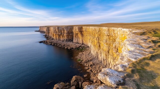 Dramatic coastal cliffs meet tranquil water.  A breathtaking view of a high cliff face, meeting a calm body of water.  The cliffs display a mix of light and dark beige tones,