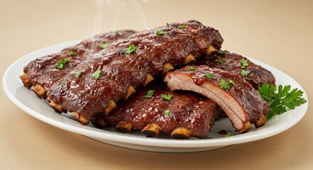 Savory barbecue pork ribs with fresh herbs for culinary inspiration and dining