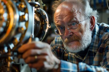 Obraz premium Senior engineer wearing safety glasses and working on a machine in a factory