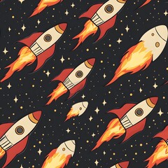 A seamless pattern featu retro rockets soa through a starry night sky leaving fiery thruster trails perfect for textile design or space themed projects.
