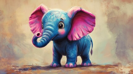 Obraz premium Adorable baby elephant illustration with blue body and pink ears, standing on a textured ground.