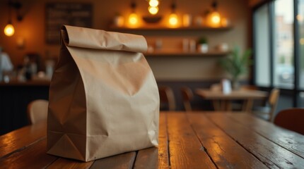 A brown paper bag resting on a wooden table