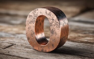 Copper textured number 0 resting on a vintage rustic wooden table