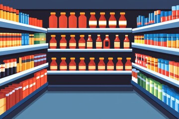 Fototapeta premium A dynamic supermarket aisle with colorful products leaping off the shelves, dramatic lighting highlighting the selection, vivid pop art style.