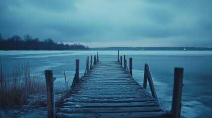 A weathered wooden pier stretches into the expansive, tranquil lake beneath a moody, blue-hued sky, evoking feelings of solitude.