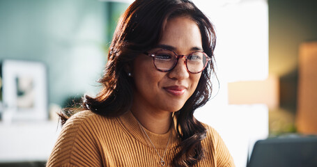 Entrepreneur, laptop and woman with reading in home for editor feedback, proofreading blog or...