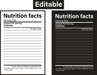 Nutrition facts template. Supplement facts. Editable nutrition label template.