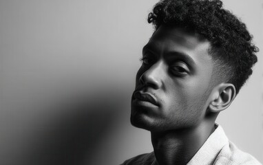 Obraz premium Portrait of a young Black man with short curly hair, clean white background, no hands, confident expression