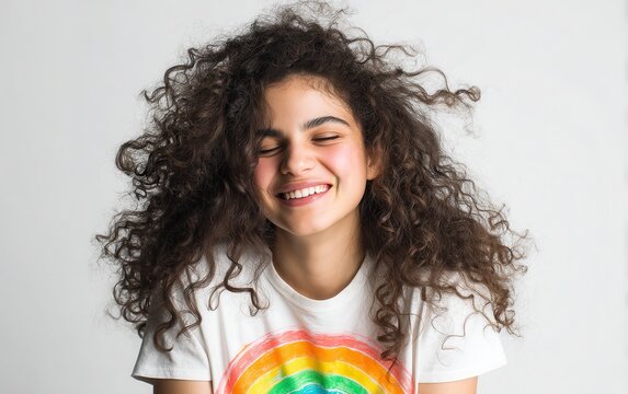 Portrait of a young girl with wild curly hair and a rainbow T-shirt, white background, no hands, joyful smile