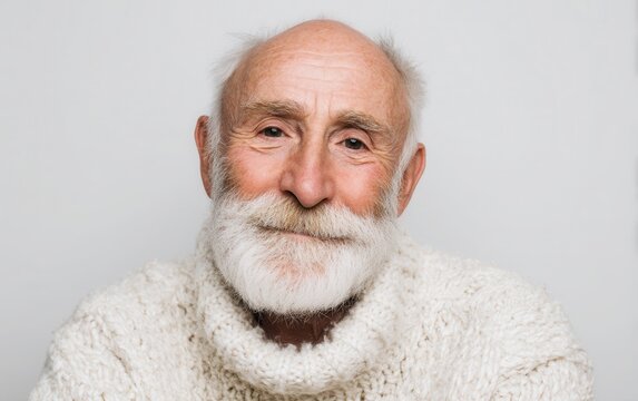 Portrait of an elderly Caucasian man with white beard and kind eyes, wearing a soft sweater, pure white background, no hands