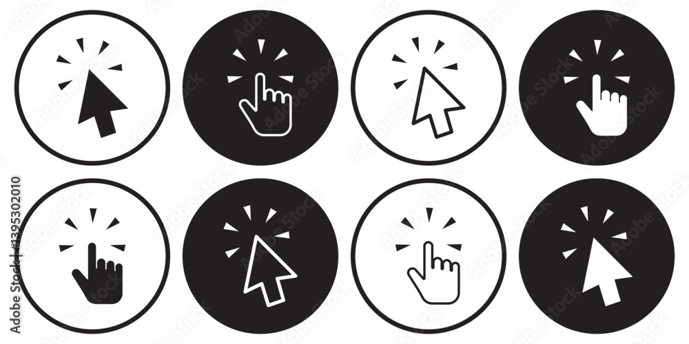 Aufkleber hand and arrow click icon set. this collection of user-friendly cursor click icons is perfect for we