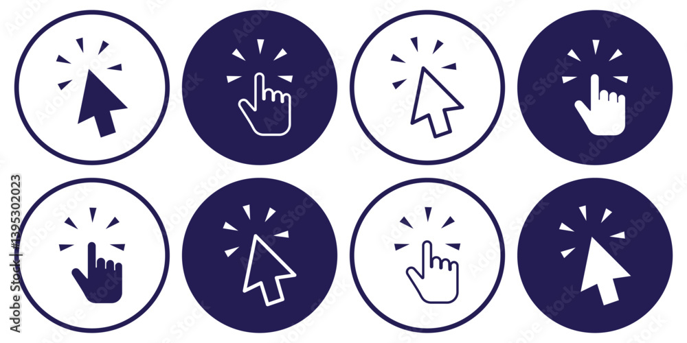 Aufkleber hand and arrow click icon set. this collection of user-friendly cursor click icons is perfect for we