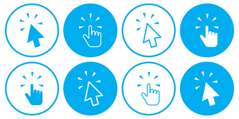 Hand and arrow click icon set. This collection of user-friendly cursor click icons is perfect for websites, apps, and other digital platforms.