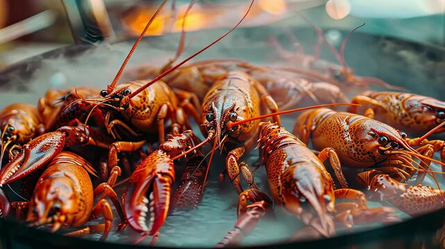 crayfish are cooked in a pot