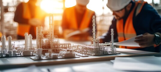 Realistic oil refinery model sitting on a professional office table, surrounded by bright lighting in a neat, organized workplace atmosphere.