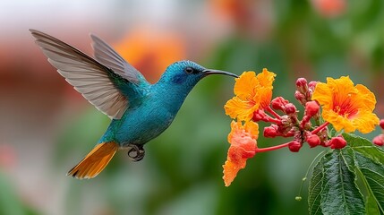 Fototapeta premium Hummingbird is perched on a flower, drinking nectar. The flower is orange and has small red berries. Concept of tranquility and beauty, as the hummingbird is in its natural habitat