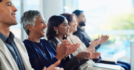 Excited, business people or meeting with applause at workshop for presentation, thank you or well done. Happy, group or team clapping with smile for good job, speech or congratulations at workplace