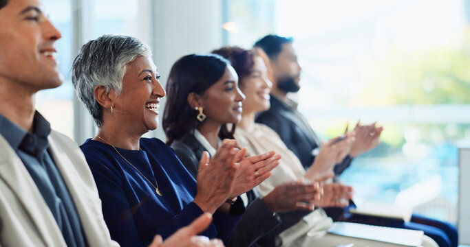 Fototapeta Excited, business people or meeting with applause at workshop for presentation, thank you or well done. Happy, group or team clapping with smile for good job, speech or congratulations at workplace
