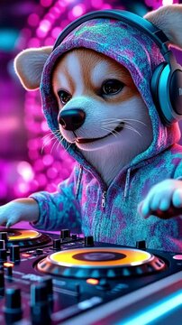 Cute DJ Dog Wearing Hoodie Spinning Music in Neon Club Scene DJ dog in neon hoodie spinning turntables at a party, cute animated dog performing as DJ in futuristic nightclub