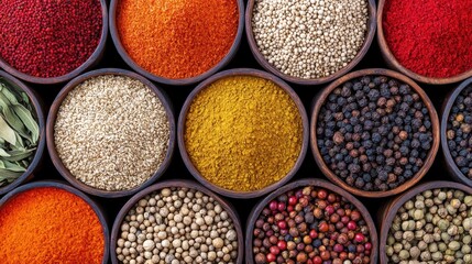 Creative food concept. A vibrant assortment of colorful spices in bowls