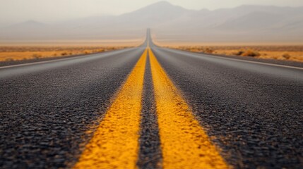Naklejka premium Long, straight road stretching through a vast desert landscape under a hazy sky, symbolizing travel