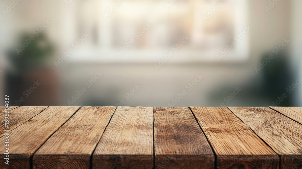 Aufkleber empty rustic wooden tabletop with blurred bright indoor background
