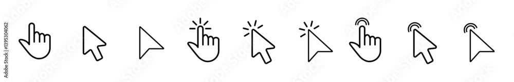 Poster cursor icon set with arrow clicks, hand pointers, tap effects, and loading symbols. perfect for ui, 