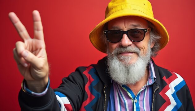 An elderly man with a vibrant yellow hat and stylish sunglasses flashes a joyful peace sign against a bold red background. His playful attire and warm smile radiate positivity and a carefree spirit