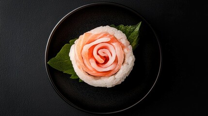 Creative food concept. Delicate sushi roll sculpted into the shape of a vibrant rose