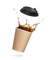 Paper cup with with a lid. Coffee splash isolated on white background