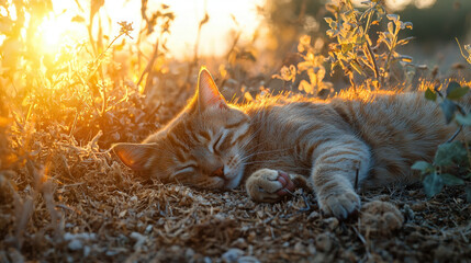 A tabby cat peacefully sleeps in the warm golden sunlight amongst dry grass and wildflowers du a beautiful sunset.
