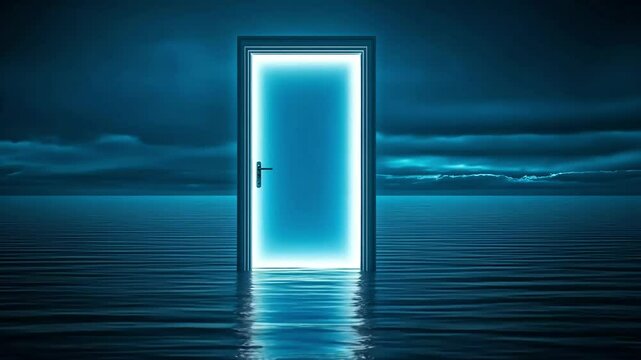 Glowing door in ocean, stormy sky, portal, hope